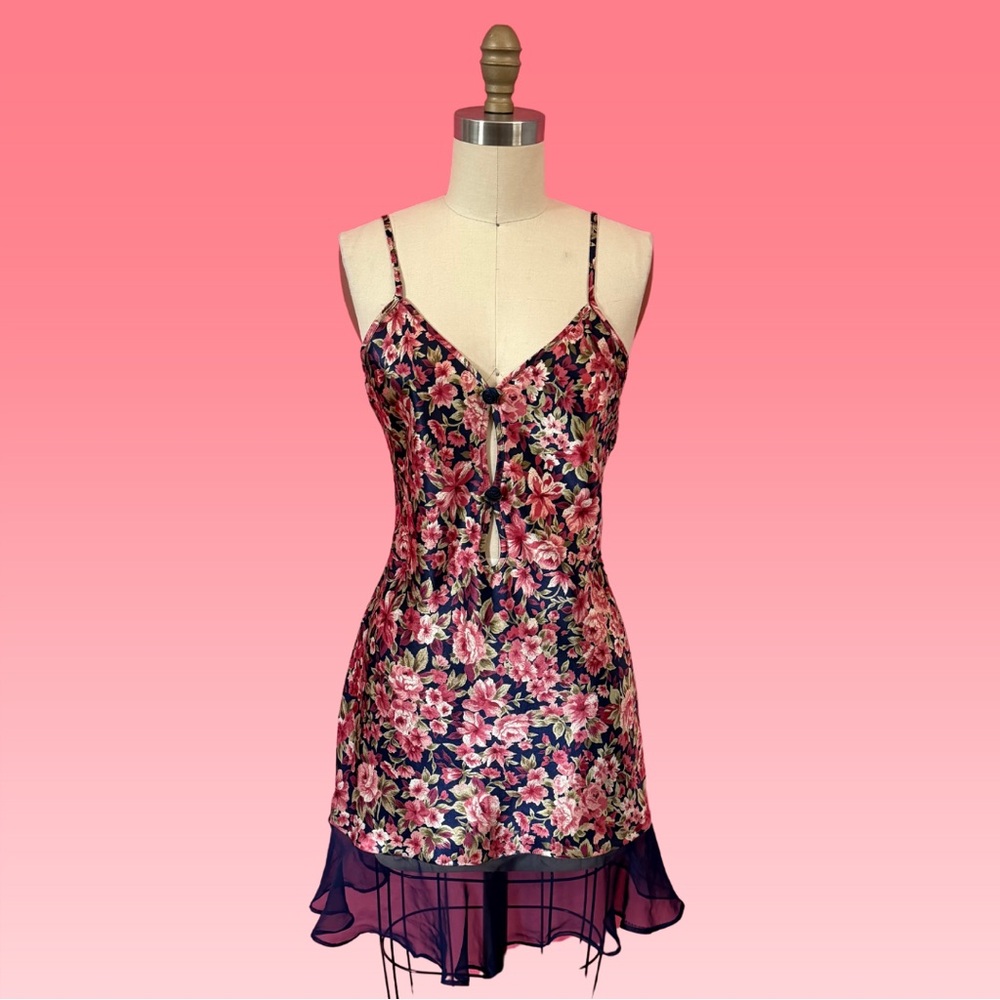 Vintage 80s 90s Coquette Rosette Floral Slip Dress Navy Ruffle Mini Slip Dress S